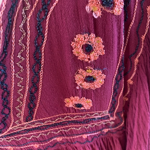 Japna Flowy Top Hippie Boho Shirt Maroon Embroidered Womens M Batwing Dohlman - Picture 9 of 14